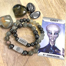 Load image into Gallery viewer, 10mm Elizabeth April UPDATED - NEW EARTH Channeled Grey Zeta Sacred Geometry Limited Edition Cosmic Species Stretch Bracelet