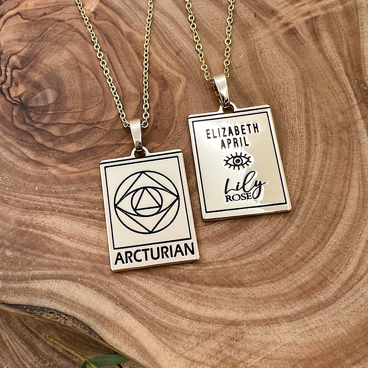 Elizabeth April EA Arcturian 2 Sided Channeled & Attuned Evil Eye  Protection Cosmic Species Sacred Geometry Card Tag Pendant 18” Gold Necklace