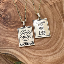 Load image into Gallery viewer, Elizabeth April EA Arcturian 2 Sided Channeled &amp; Attuned Evil Eye Protection Cosmic Species Sacred Geometry Card Tag Pendant 18” Gold Necklace