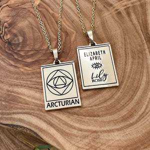 Elizabeth April EA Arcturian 2 Sided Channeled & Attuned Evil Eye Protection Cosmic Species Sacred Geometry Card Tag Pendant 18” Gold Necklace