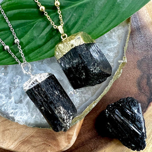 Raw Black Tourmaline Grounding Gemstone Pendant 30” White Gold Necklace