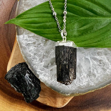 Load image into Gallery viewer, Raw Black Tourmaline Grounding Gemstone Pendant 30” White Gold Necklace