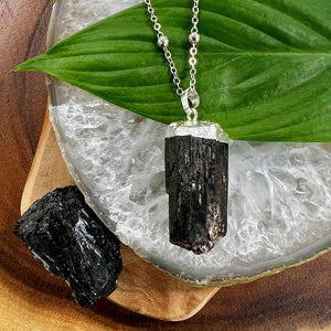 Raw Black Tourmaline Grounding Gemstone Pendant 30” White Gold Necklace