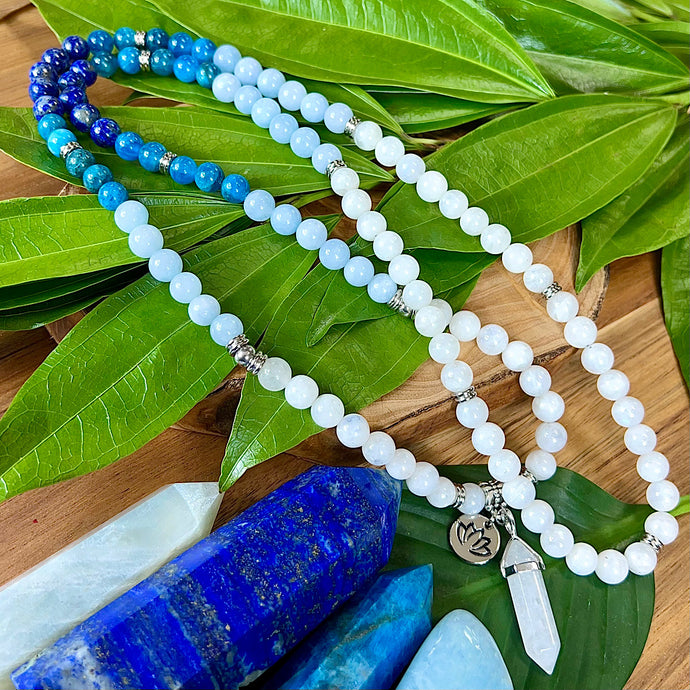 Ombre Collection Anti-Anxiety & Psychic Development Rainbow Moonstone Aquamarine Lapis Blue Apatite 108 Stretch Mala Necklace Bracelet