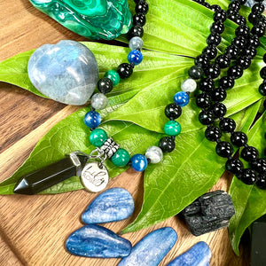 Only 1! Limited Edition Spirit Master Black Onyx Elite Shungite Malachite Kyanite Labradorite Tourmaline 108 Hand Knotted Mala with Point Charm Pendant Necklace