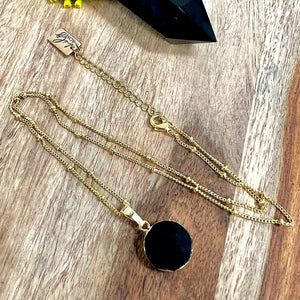 NEW STONE! Obsidian Manifester Thick Circle Pendant 18" Gold Necklace