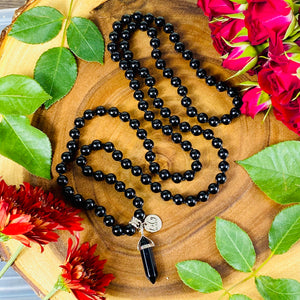Black Onyx Spiritual Warrior Strength 108 Hand Knotted Mala with Point Charm Pendant Necklace