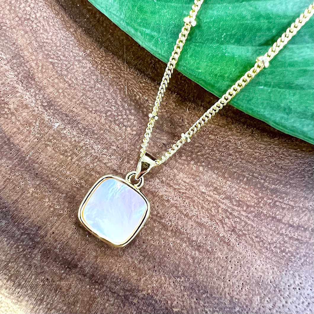 Mother of Pearl Peacefulness Square Shell Pendant 18” Gold Necklace