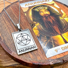 Load image into Gallery viewer, Elizabeth April EA Anunnaki 2 Sided Channeled &amp; Attuned Evil Eye Protection Cosmic Species Sacred Geometry Card Tag Pendant 18” White Gold Necklace