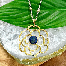 Load image into Gallery viewer, Spiritual Lotus Lapis Lazuli Open Flower Pendant 30” Gold Necklace