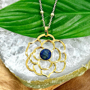 Spiritual Lotus Lapis Lazuli Open Flower Pendant 30” Gold Necklace