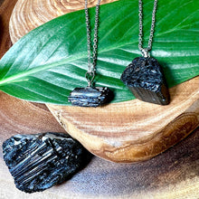 Load image into Gallery viewer, Raw Black Tourmaline Grounding Gemstone Pendant 18” White Gold Necklace