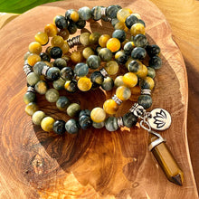 Load image into Gallery viewer, Limited Edition Honey Blue Tigers Eye Velvet Transitioning 108 Mala Necklace Bracelet