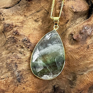 Fluorite Large Teardrop Spiritual Confidence Pendant 18" Gold Necklace