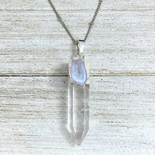 Load image into Gallery viewer, Clear Quartz with Lace Agate Druzy XL Crystal Pendant 18” White Gold Necklace