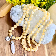 Load image into Gallery viewer, Honey Calcite Sunny Energy &amp; Self-Confidence 108 Hand Knotted Mala with Point Charm Pendant Necklace