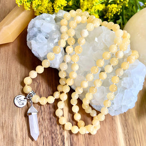Honey Calcite Sunny Energy & Self-Confidence 108 Hand Knotted Mala with Point Charm Pendant Necklace
