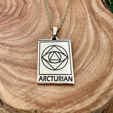 Load image into Gallery viewer, Elizabeth April EA Arcturian 2 Sided Channeled &amp; Attuned Evil Eye Protection Cosmic Species Sacred Geometry Card Tag Pendant 18” Gold Necklace