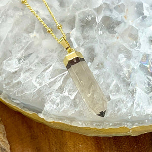 Light Clear Smoky Quartz Purification & Invisibility Cloak Full Tower Point Pendant 18" Gold Necklace