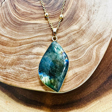 Load image into Gallery viewer, Dancing Wave Free-form Labradorite Pendant 30” 24k Gold Dip Edges Necklace