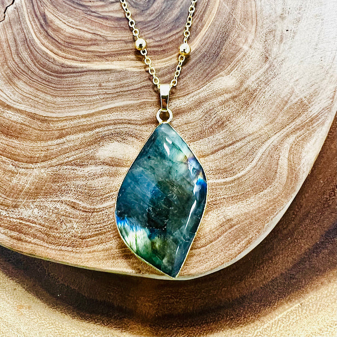 Dancing Wave Free-form Labradorite Pendant 30” 24k Gold Dip Edges Necklace