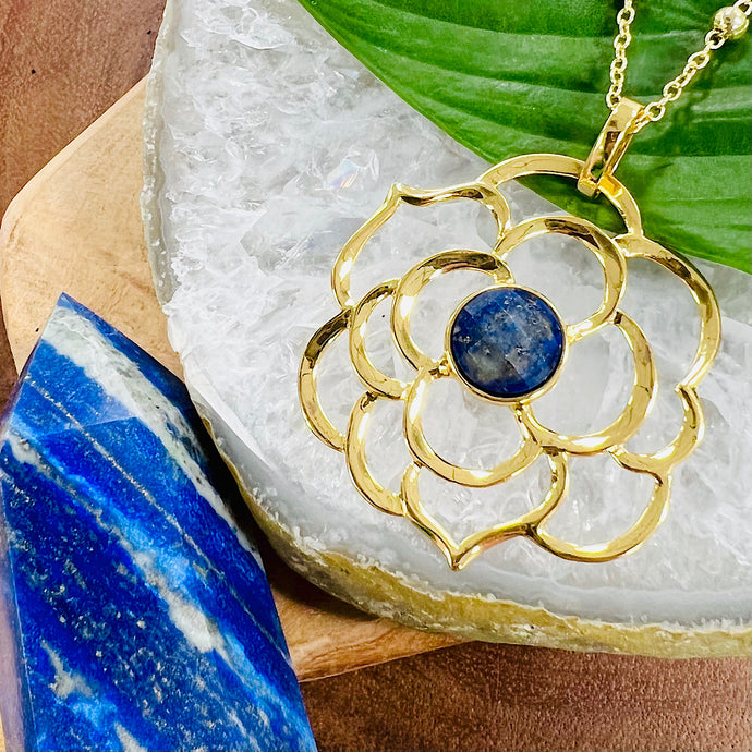 Spiritual Lotus Lapis Lazuli Open Flower Pendant 30” Gold Necklace