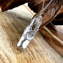Load image into Gallery viewer, Tree of Life Crystal Clear Quartz Wire Wrapped Raw Pendant 30” White Gold Necklace