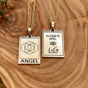 Elizabeth April EA Angel 2 Sided Channeled & Attuned Evil Eye Protection Cosmic Species Sacred Geometry Card Tag Pendant 18” Gold Necklace