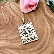 Load image into Gallery viewer, Elizabeth April EA Arcturian 2 Sided Channeled &amp; Attuned Evil Eye Protection Cosmic Species Sacred Geometry Card Tag Pendant 18” Gold Necklace