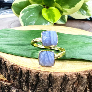 Blue Lace Agate Faceted Diamond Insightful Relaxation Adjustable Gold Ring