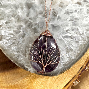 Tree of Life Teardrop Amethyst Wire Wrapped Pendant 30” Rose Gold Necklace