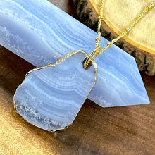 Load image into Gallery viewer, Limited Goddess Blue Lace Agate Slice Pendant 18” Gold Necklace