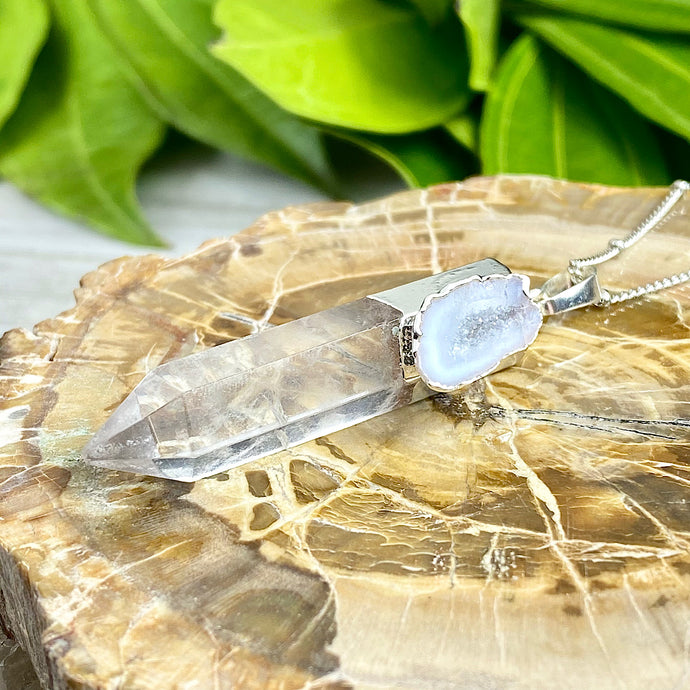 Clear Quartz with Lace Agate Druzy XL Crystal Pendant 18” White Gold Necklace