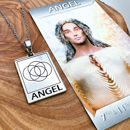 Just Restocked! Elizabeth April EA Angel 2 Sided Channeled & Attuned Evil Eye Protection Cosmic Species Sacred Geometry Card Tag Pendant 18” White Gold Necklace