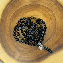 Load image into Gallery viewer, Black Onyx Spiritual Warrior Strength 108 Hand Knotted Mala with Point Charm Pendant Necklace