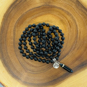 Black Onyx Spiritual Warrior Strength 108 Hand Knotted Mala with Point Charm Pendant Necklace