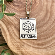 Load image into Gallery viewer, Elizabeth April EA Pleiadian 2 Sided Channeled &amp; Attuned Evil Eye Protection Cosmic Species Sacred Geometry Card Tag Pendant 18” Gold Necklace