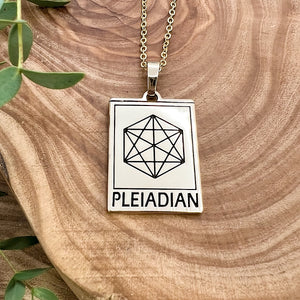 Elizabeth April EA Pleiadian 2 Sided Channeled & Attuned Evil Eye Protection Cosmic Species Sacred Geometry Card Tag Pendant 18” Gold Necklace