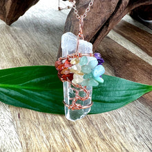 Load image into Gallery viewer, Tree of Life Wire Wrapped Rainbow Chakra Healing Crystal Clear Quartz Raw Pendant 30” Rose Gold Necklace