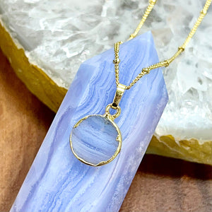 Blue Lace Agate Swirl of Calmness Thick Circle Pendant 18" Gold Necklace