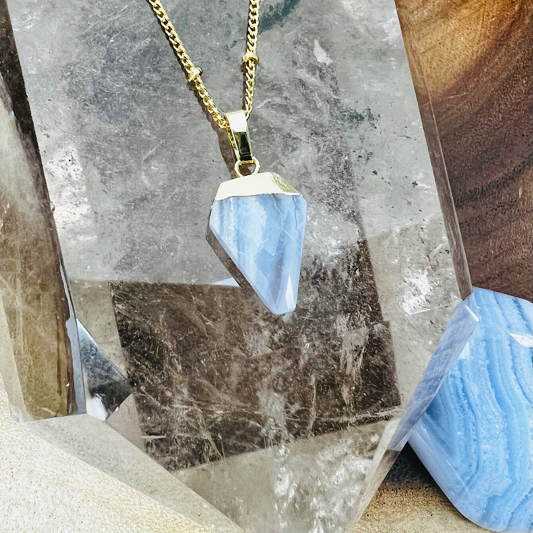 Faceted Shield Blue Lace Agate Minimalist Crystal Pendant 14” + 2