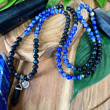 Load image into Gallery viewer, Maddox&#39;s Power of the Hawk Psychic Attack Protection &amp; Inner Child Magic Hawk Eye Lapis Lazuli Shungite 108 Stretch Mala Necklace Bracelet