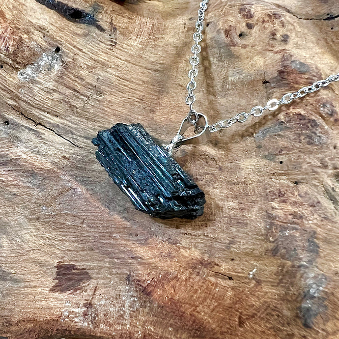 Raw Black Tourmaline Grounding Gemstone Pendant 18” White Gold Necklace