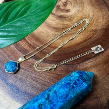 Load image into Gallery viewer, Blue Apatite Hexagon Manifestation Crystal Pendant 18” Gold Necklace
