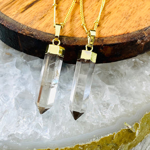 Light Clear Smoky Quartz Purification & Invisibility Cloak Full Tower Point Pendant 18" Gold Necklace