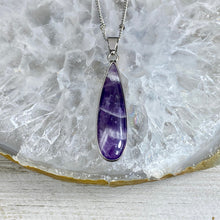 Load image into Gallery viewer, Chevron Amethyst Long Teardrop Spiritual Intuition Crystal Pendant 18” White Gold Necklace