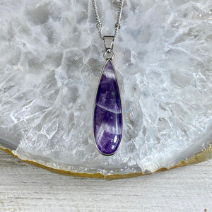 Chevron Amethyst Long Teardrop Spiritual Intuition Crystal Pendant 18” White Gold Necklace