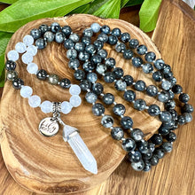 Load image into Gallery viewer, Limited Evil Eye Protection Labradorite Larvakite Pyrite Hematite Selenite Satin Spar 108 Hand Knotted Mala with Point Charm Pendant Necklace