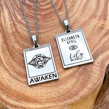 Load image into Gallery viewer, Elizabeth April EA Awaken 2 Sided Channeled &amp; Attuned Evil Eye Protection Cosmic Species Sacred Geometry Card Tag Pendant 18” White Gold Necklace