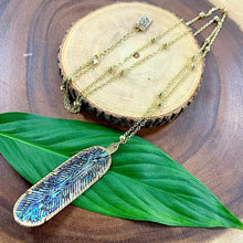 Load image into Gallery viewer, Natural Luxury Abalone Carved Feather XL Pendant 30” Gold Necklace